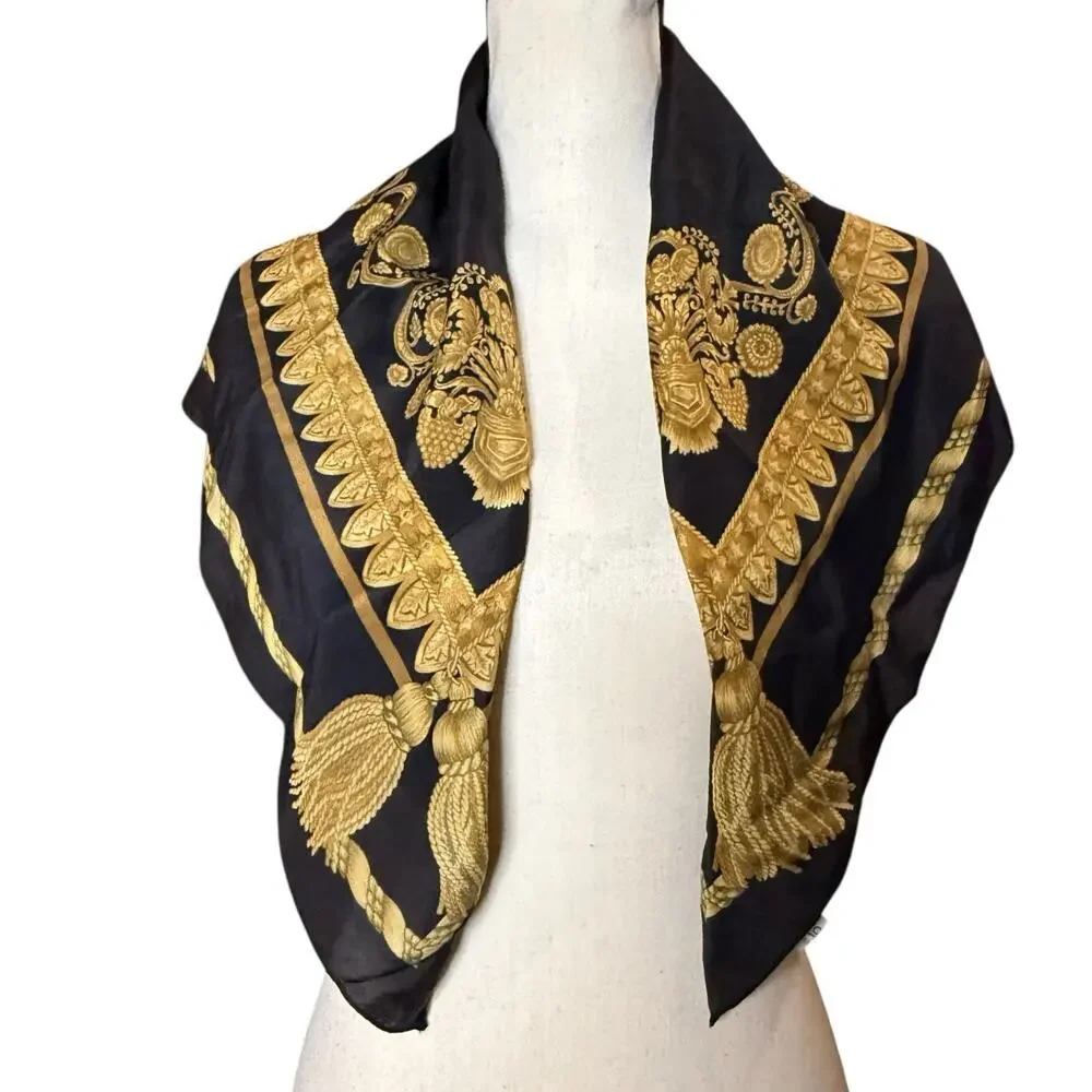 VTG Echo Luxury Black Gold Floral Scroll Tassel Motif Silk Scarf 29” X 30”